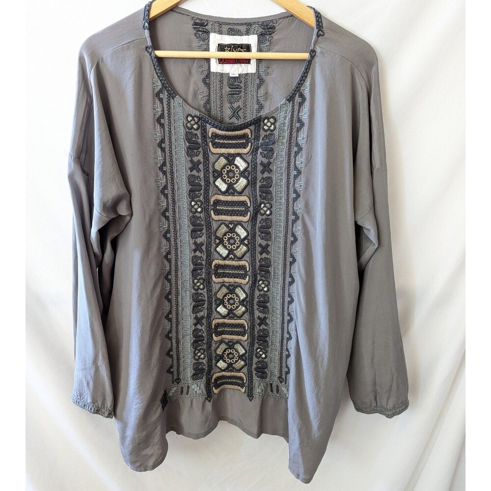 Johnny Was Biya 100% Silk Alka Gray Embroidered Tunic Blouse Size M